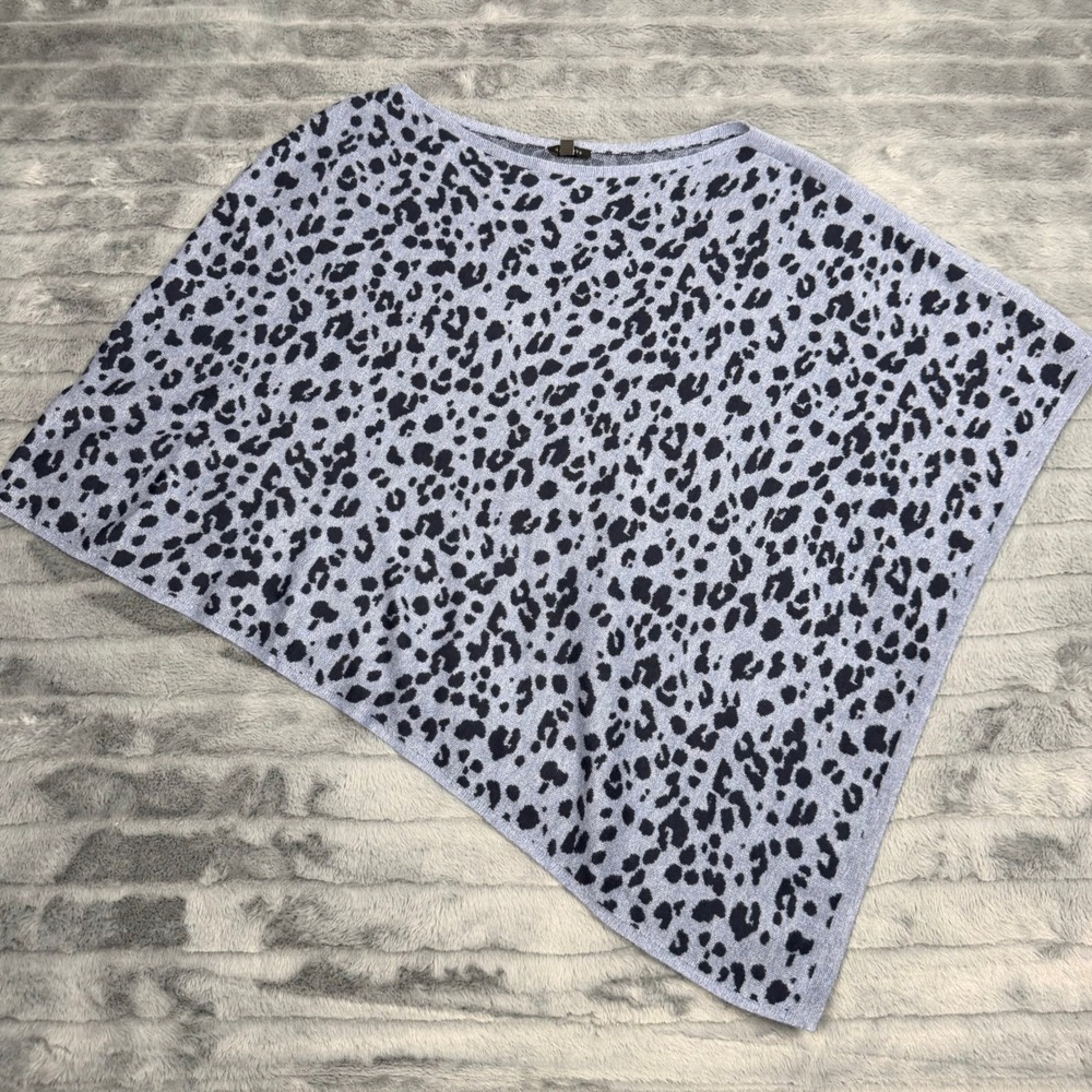Talbots Womens Leopard Print Asymmetrical Poncho Sweater Blue Black M/L